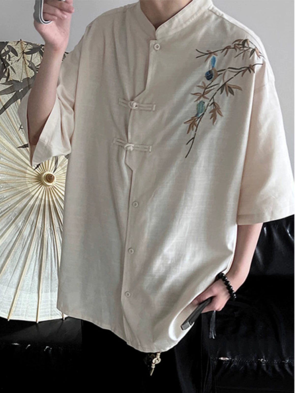 Men's Vintage Chinese Linen Shirt with Bamboo Embroidery