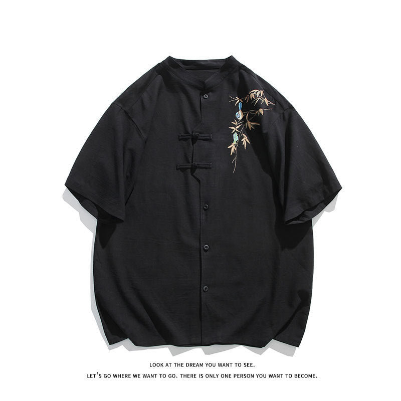 Men's Vintage Chinese Linen Shirt with Bamboo Embroidery