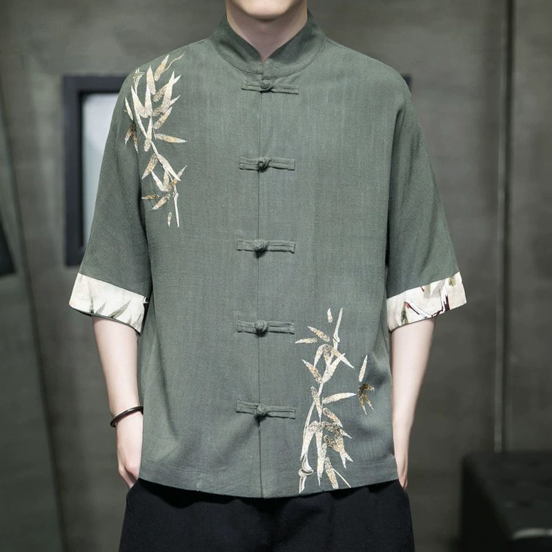 Mens Half Sleeve New Chinese Style Bamboo Embroidery Shirt