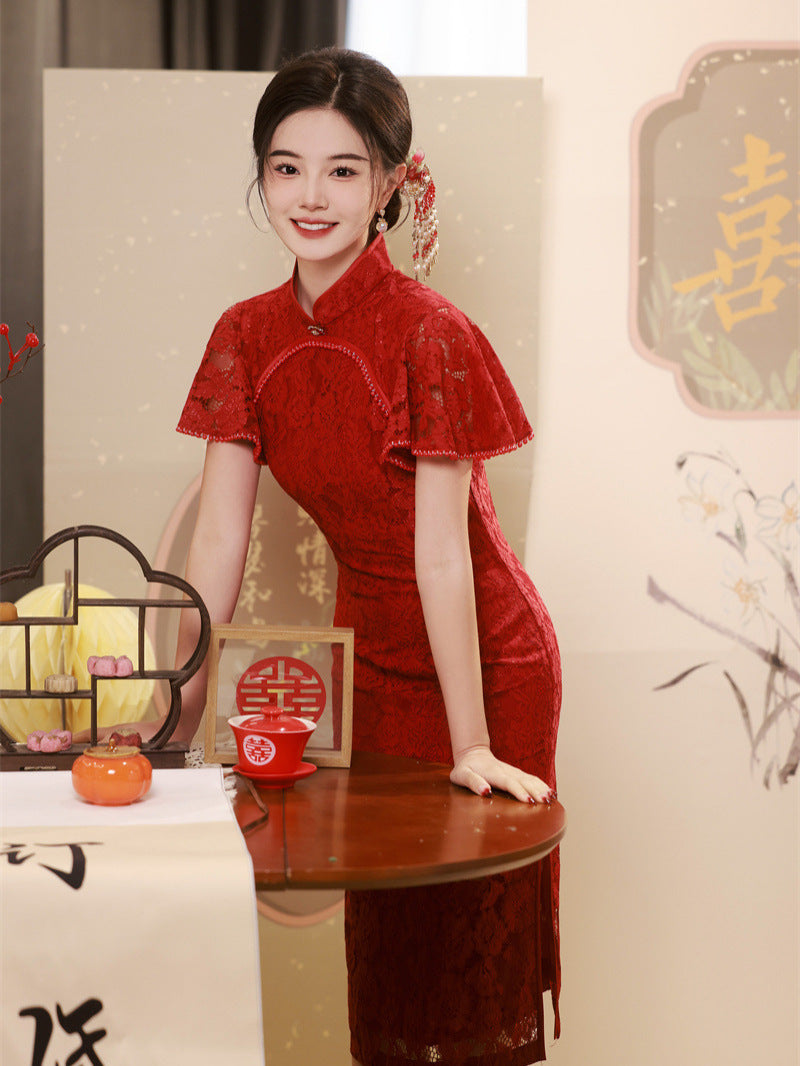 Elegant Red Lace Cheongsam Dress for Wedding & Formal Occasions