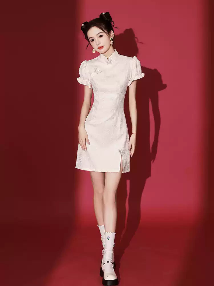 Elegant Black Chinese-Inspired Mini Dress with Puff Sleeves for Women