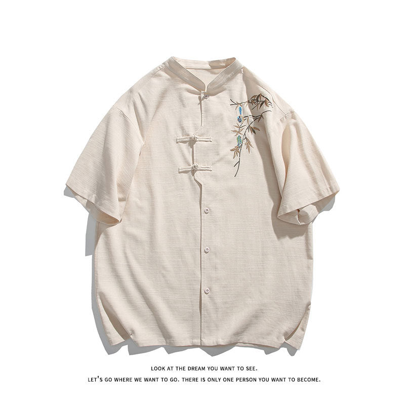 Men's Vintage Chinese Linen Shirt with Bamboo Embroidery