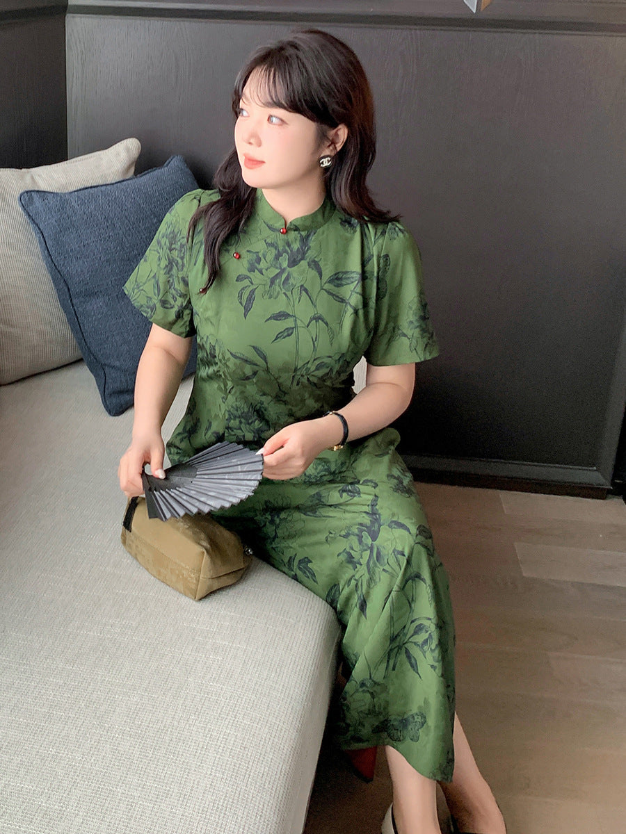 复古绿色花卉大码旗袍短袖传统款