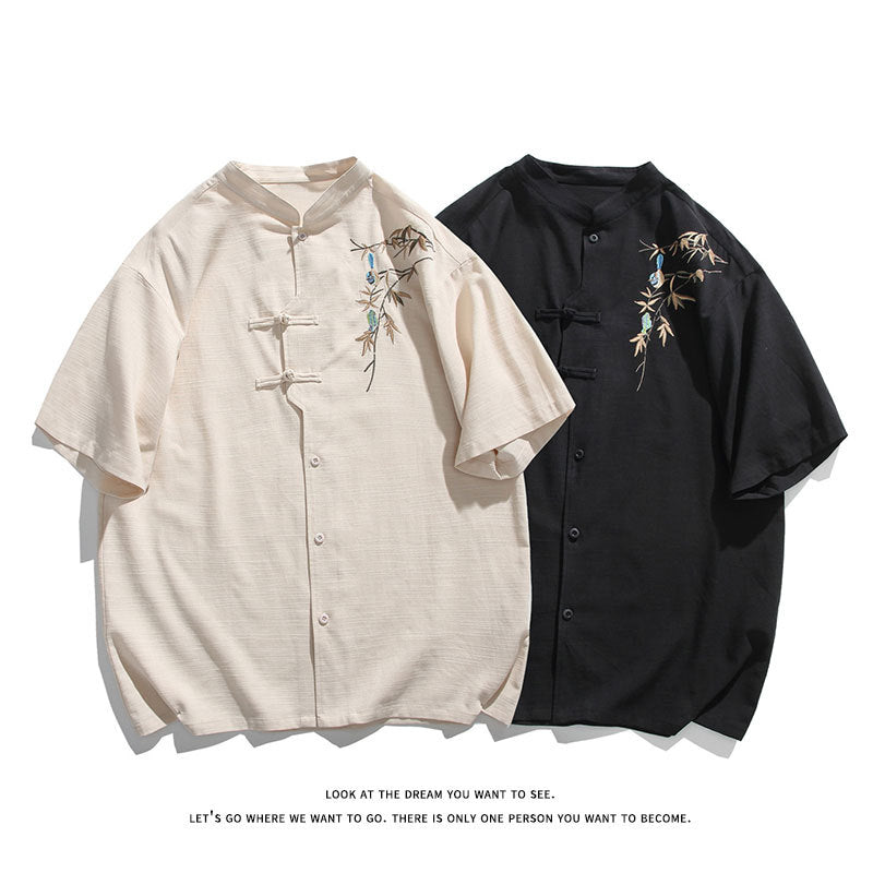 Men's Vintage Chinese Linen Shirt with Bamboo Embroidery