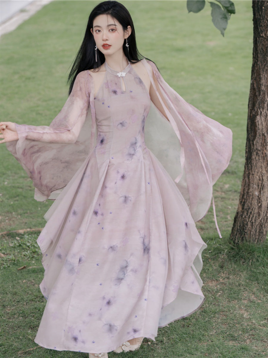 Elegant Floral Hanfu-Inspired Dress with Flowing Sleeves