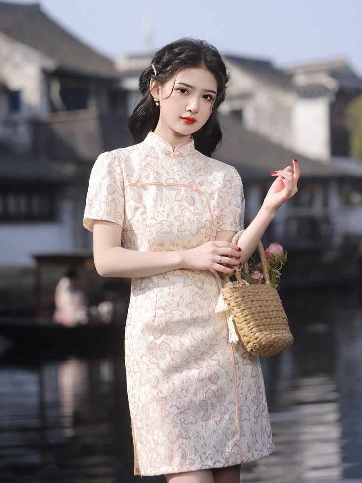 Elegant Floral Qipao Dress with Vintage Lace Accents