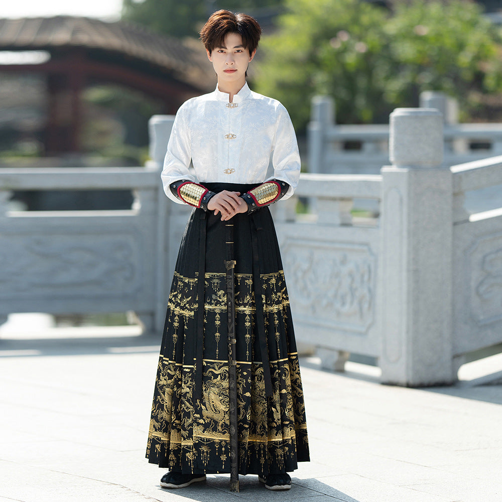 Men Traditional Hanfu Set with White Top and Black Golden Skirt
