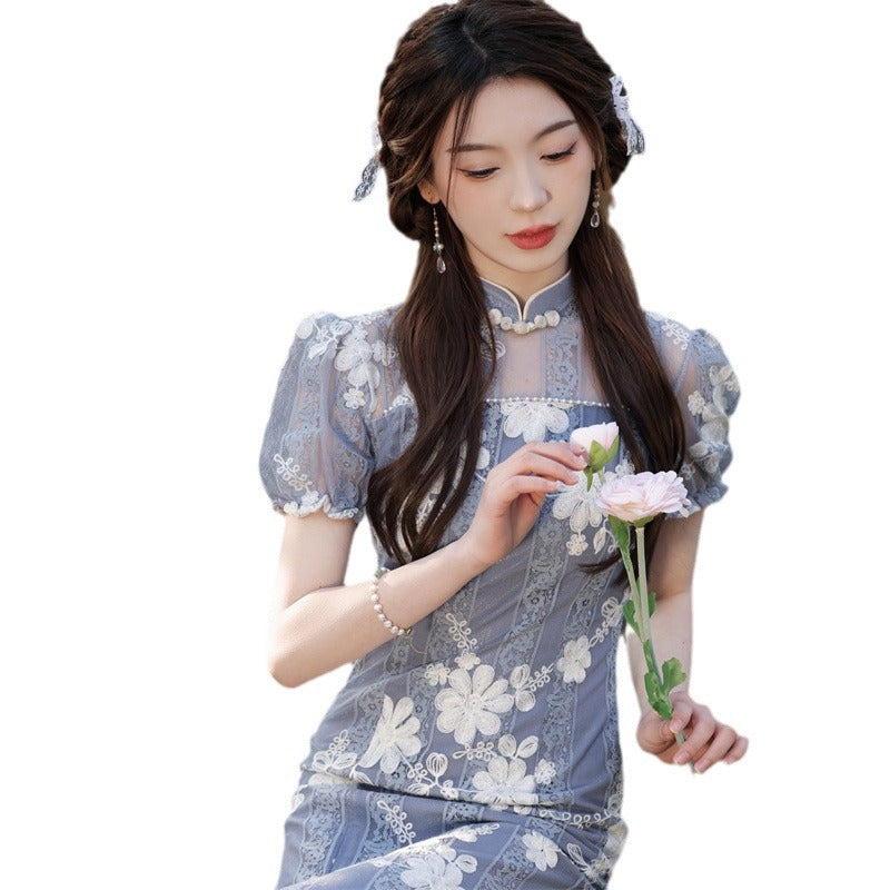 复古蕾丝花卉刺绣泡泡袖旗袍连衣裙