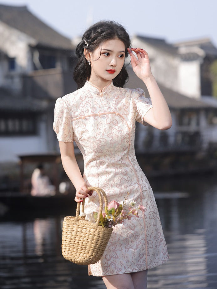 Elegant Floral Qipao Dress with Vintage Lace Accents