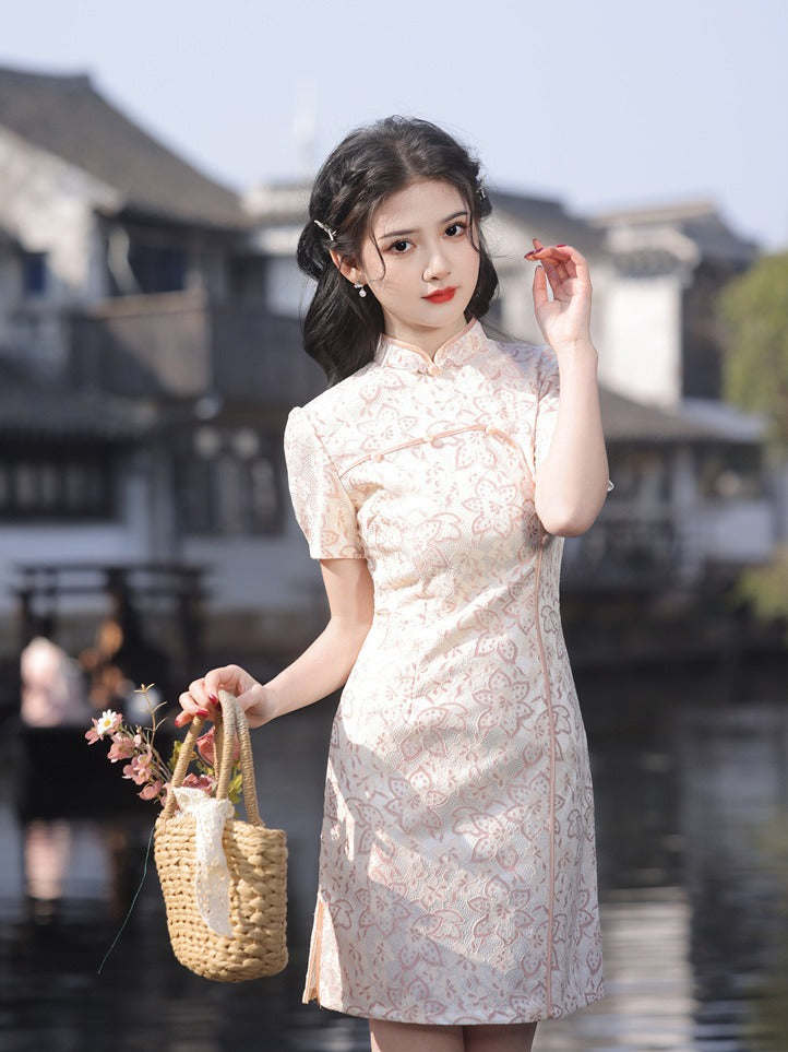 Elegant Floral Qipao Dress with Vintage Lace Accents
