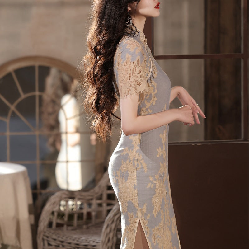 Lace Embroidered Cheongsam Dress for Elegant Occasions