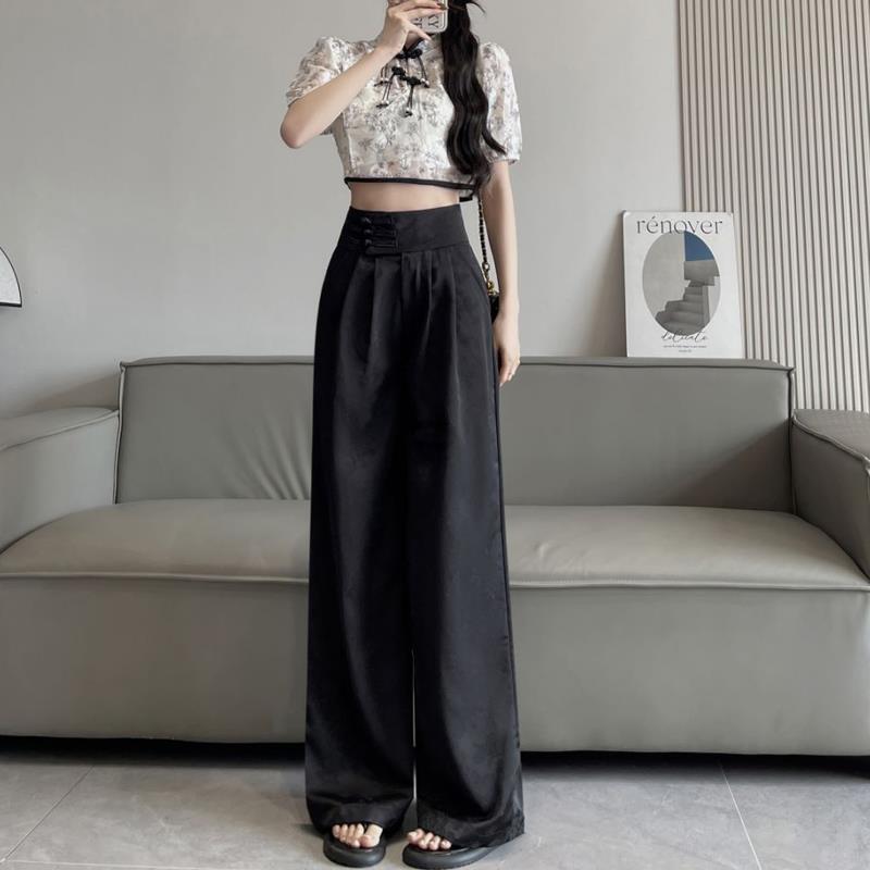 Chinese Style Ice Feel Jacquard Wide Leg Pants | High Waist Slim Fit Summer Trousers