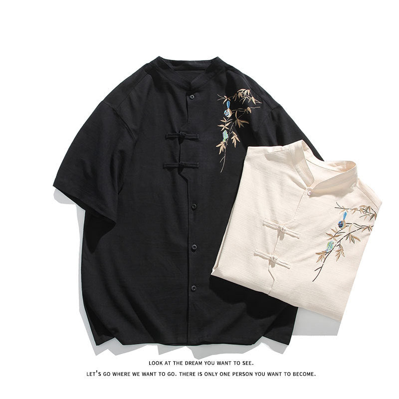 Men's Vintage Chinese Linen Shirt with Bamboo Embroidery