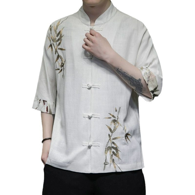 Mens Half Sleeve New Chinese Style Bamboo Embroidery Shirt