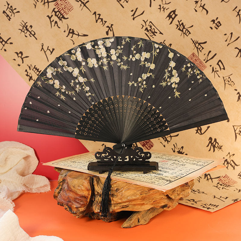 优雅的黑色花卉图案手扇 – 传统手扇,非常适合汉服