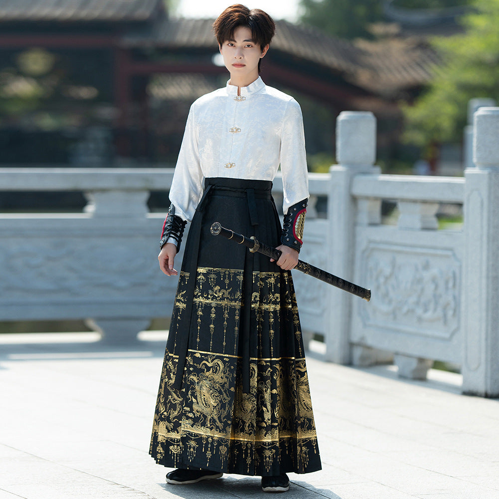 Men Traditional Hanfu Set with White Top and Black Golden Skirt