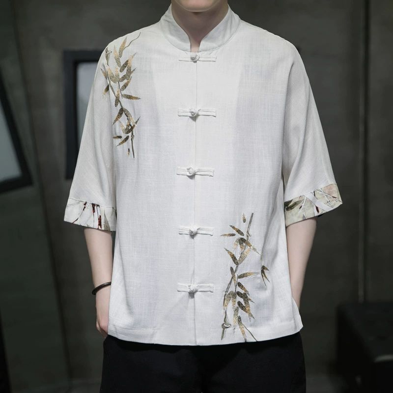 Mens Half Sleeve New Chinese Style Bamboo Embroidery Shirt