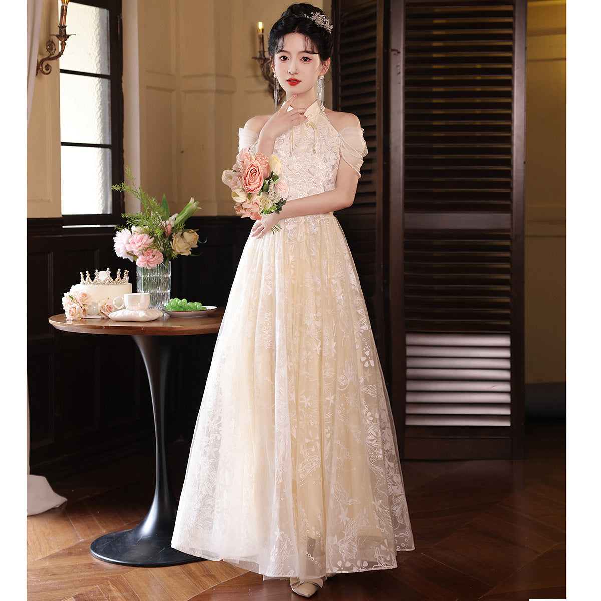 Vintage Lace Off-Shoulder Flower Girl Dress Elegant Gown