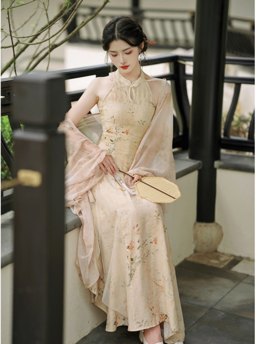 Elegant Floral Hanfu-Inspired Dress with Flowing Sleeves