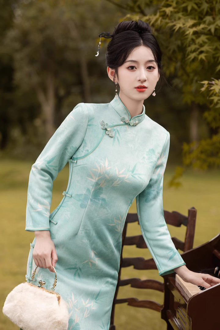 Jacquard Bamboo Long Sleeve Winter Qipao | Elegant Daily Wear