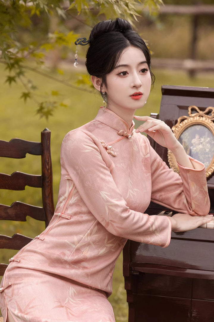 Jacquard Bamboo Long Sleeve Winter Qipao | Elegant Daily Wear