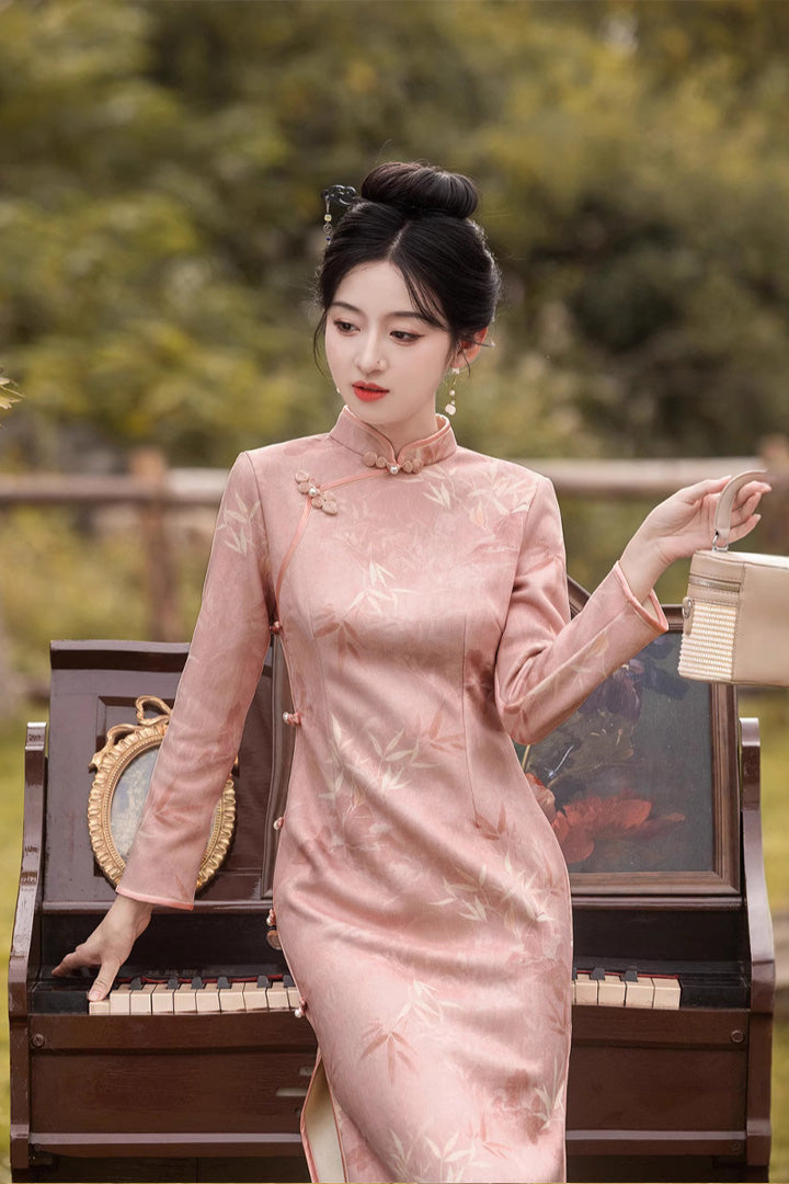 Jacquard Bamboo Long Sleeve Winter Qipao | Elegant Daily Wear