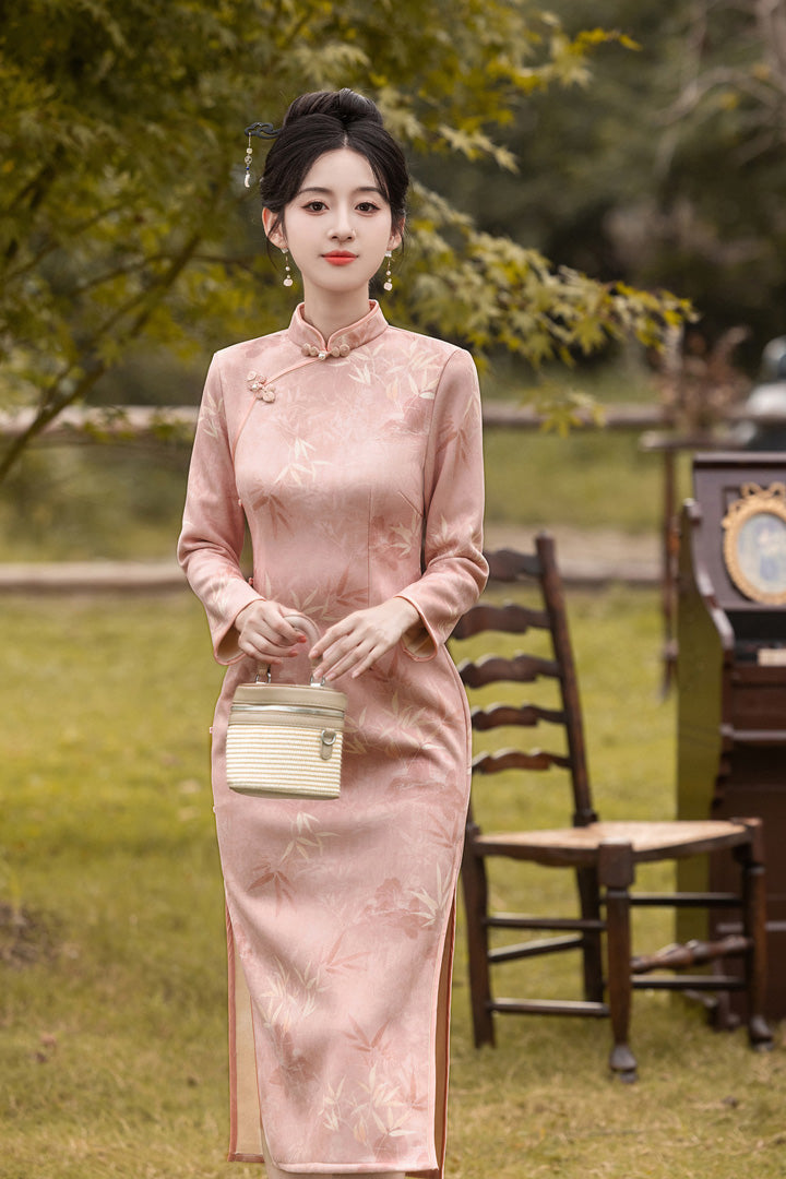 Jacquard Bamboo Long Sleeve Winter Qipao | Elegant Daily Wear