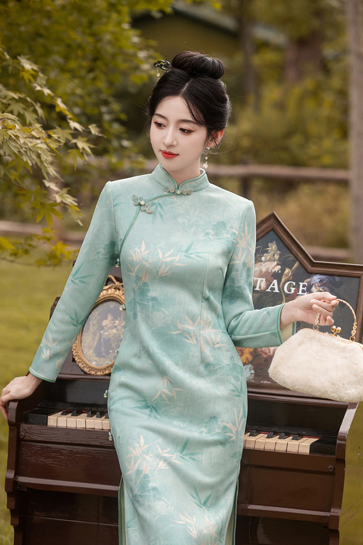 Jacquard Bamboo Long Sleeve Winter Qipao | Elegant Daily Wear