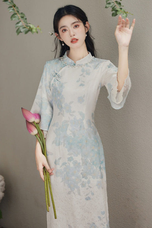 中国蓝花卉夏春旗袍连衣裙