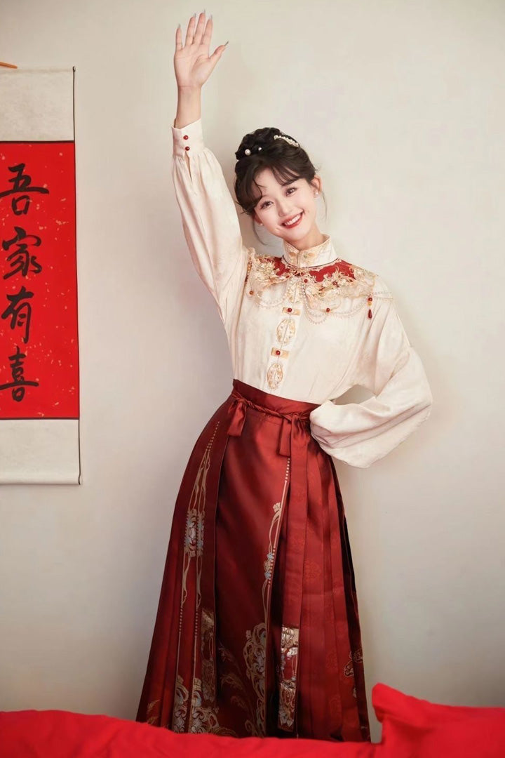 Spring Modern Chinese Bridal Dress | Embroidered Mandarin Top & Mamianqun Set