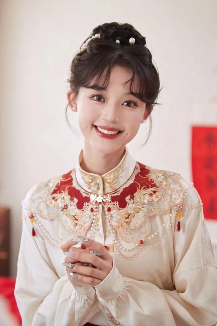 Spring Modern Chinese Bridal Dress | Embroidered Mandarin Top & Mamianqun Set