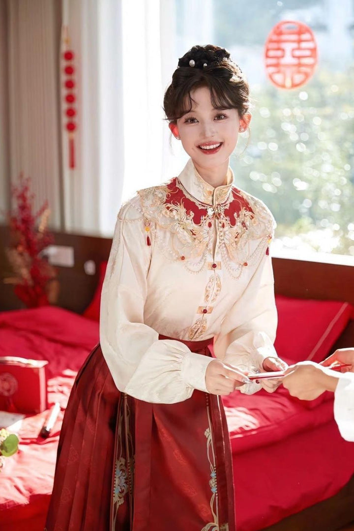 Spring Modern Chinese Bridal Dress | Embroidered Mandarin Top & Mamianqun Set