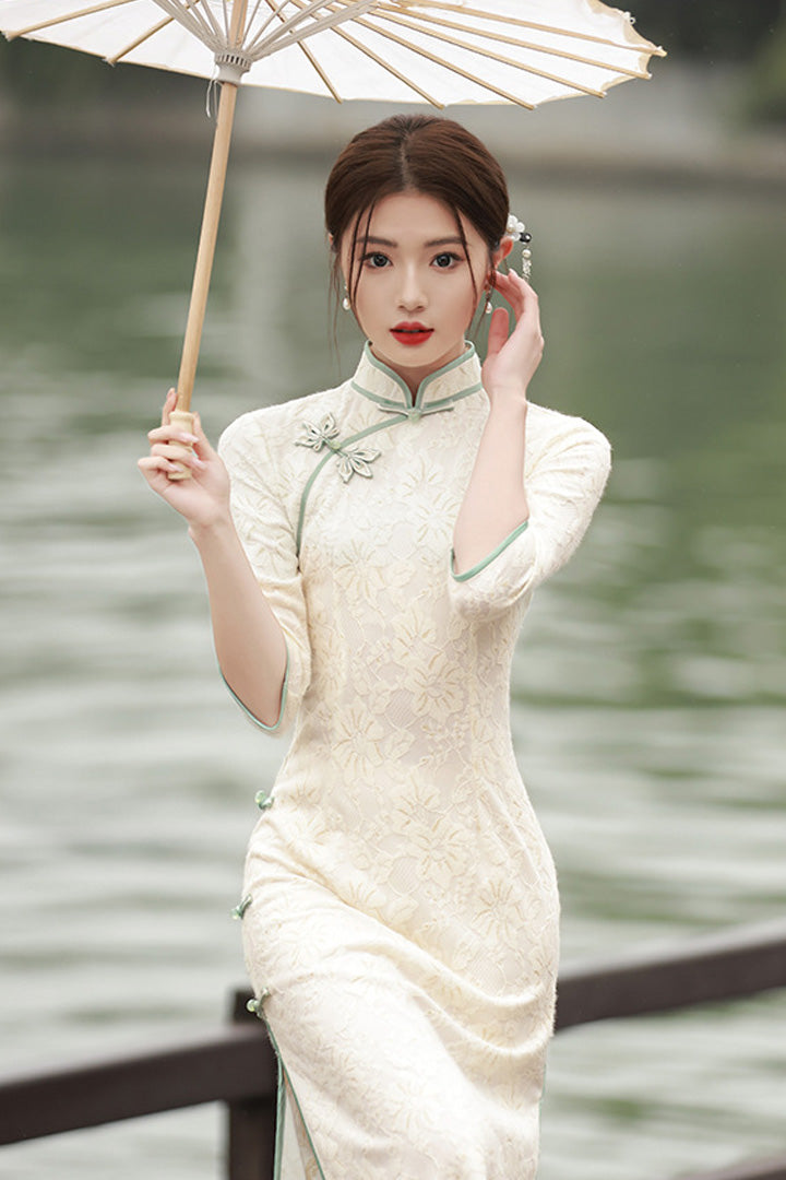 Spring Lace Slim Fit Long Dress | Chinese Style Cheongsam
