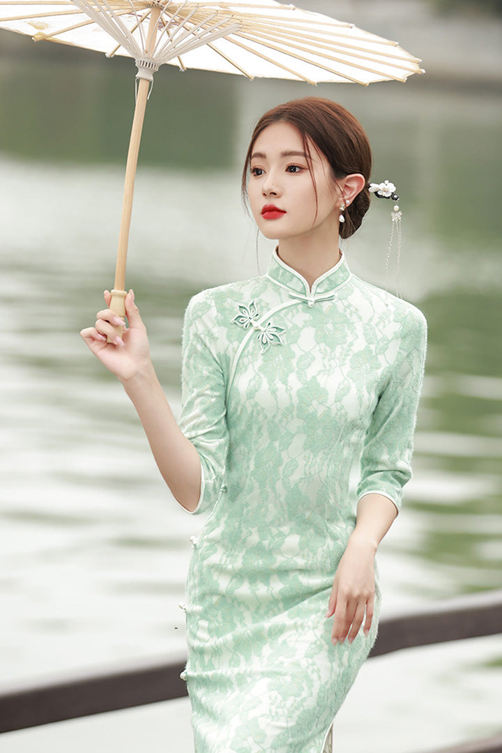 Spring Lace Slim Fit Long Dress | Chinese Style Cheongsam