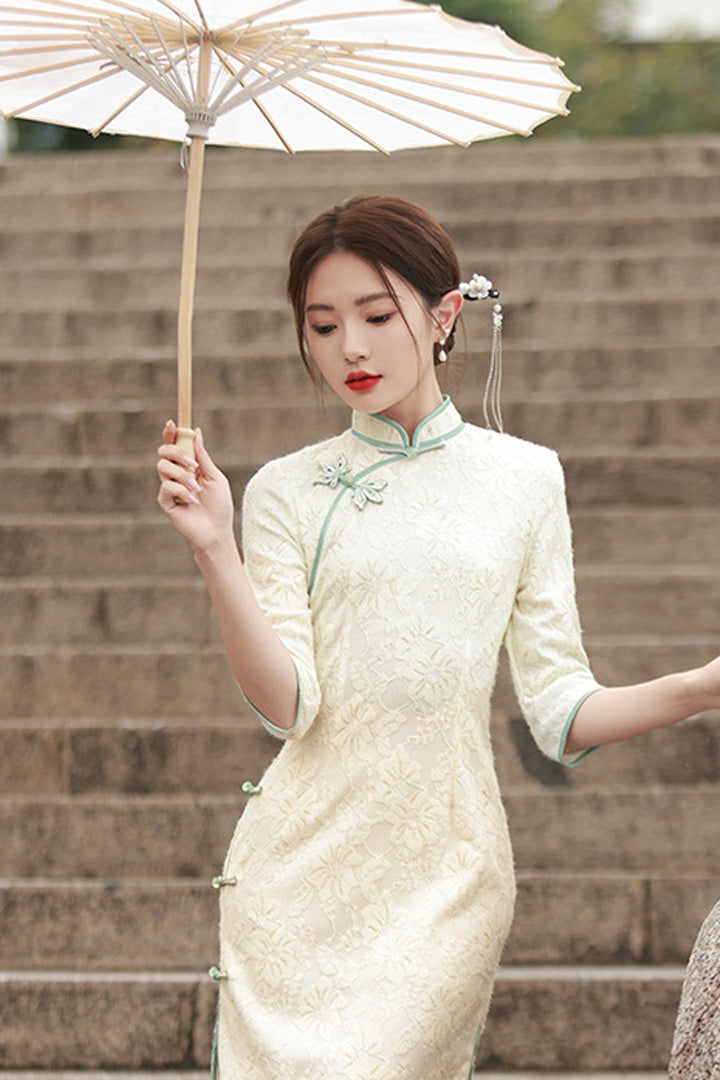 Spring Lace Slim Fit Long Dress | Chinese Style Cheongsam