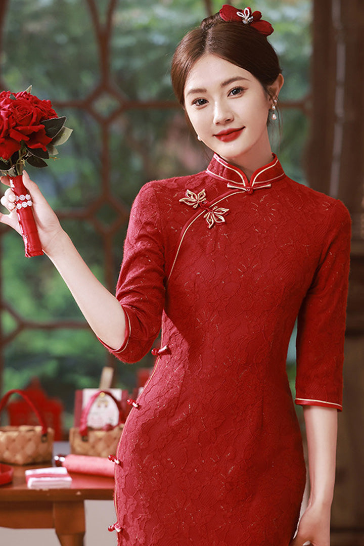 Spring Lace Slim Fit Long Dress | Chinese Style Cheongsam