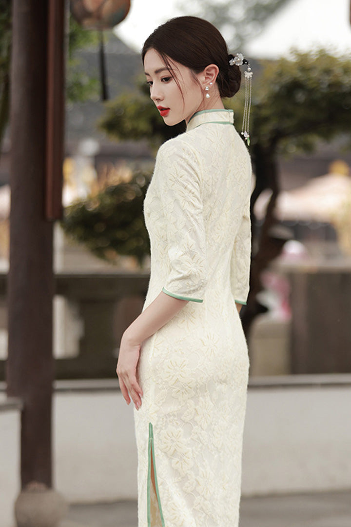 Spring Lace Slim Fit Long Dress | Chinese Style Cheongsam