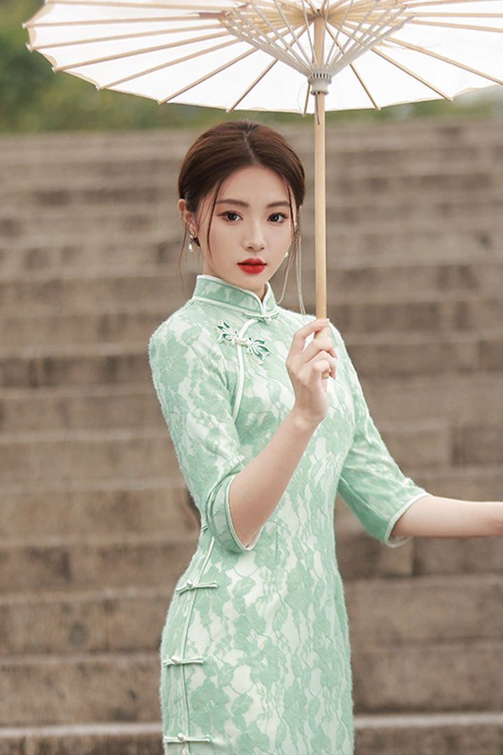 Spring Lace Slim Fit Long Dress | Chinese Style Cheongsam