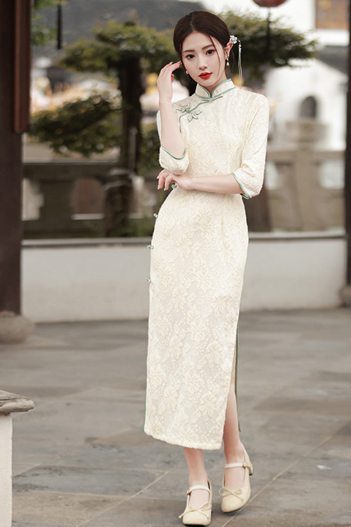 Spring Lace Slim Fit Long Dress | Chinese Style Cheongsam