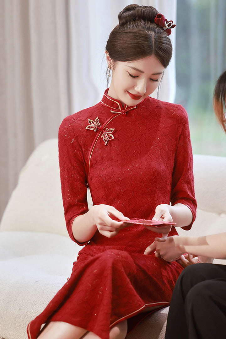 Spring Lace Slim Fit Long Dress | Chinese Style Cheongsam
