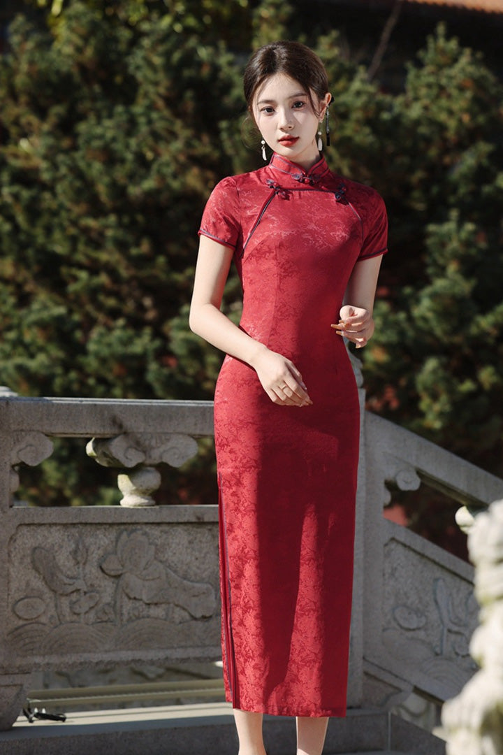 Spring Vintage Jacquard Qipao | Chinese Slim Elegant Short Sleeve Dress