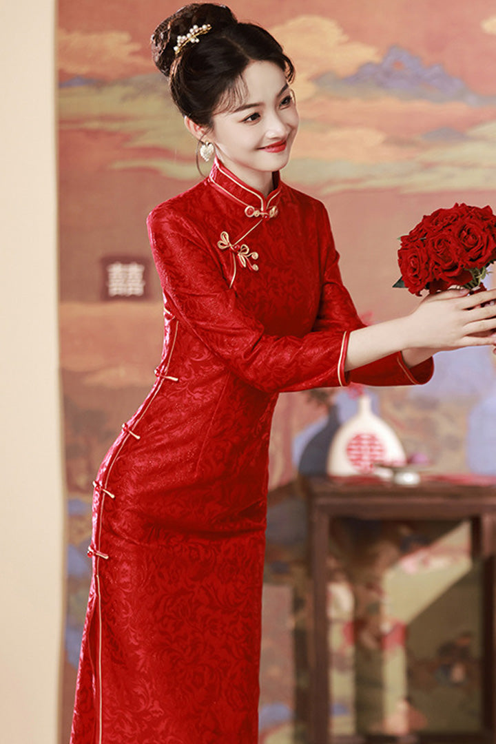 Spring Red Jacquard Long Cheongsam | Classic Chinese Wedding Tea Ceremony Dress