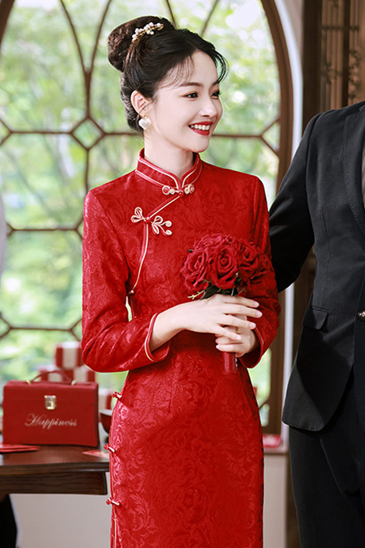 Spring Red Jacquard Long Cheongsam | Classic Chinese Wedding Tea Ceremony Dress