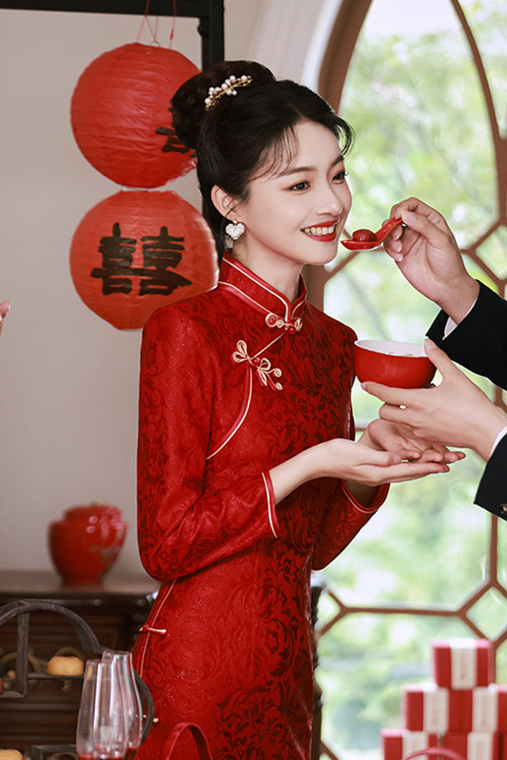 Spring Red Jacquard Long Cheongsam | Classic Chinese Wedding Tea Ceremony Dress
