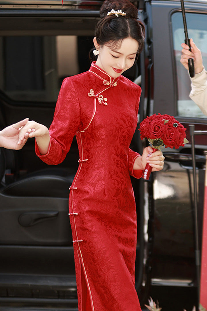 Spring Red Jacquard Long Cheongsam | Classic Chinese Wedding Tea Ceremony Dress