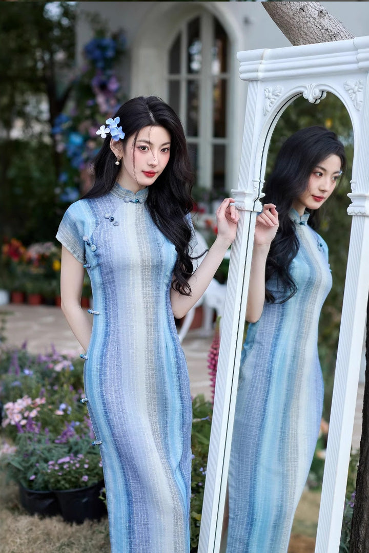 Summer Blue White Striped Retro Qipao | Slim Fit Vintage Cheongsam Dress