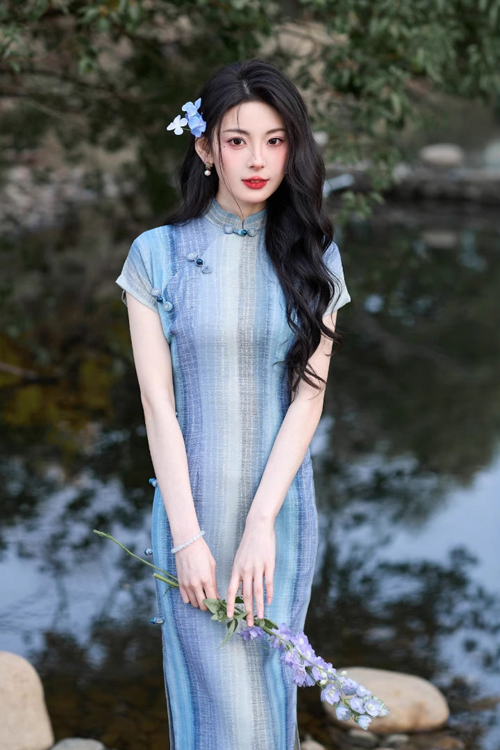 Summer Blue White Striped Retro Qipao | Slim Fit Vintage Cheongsam Dress