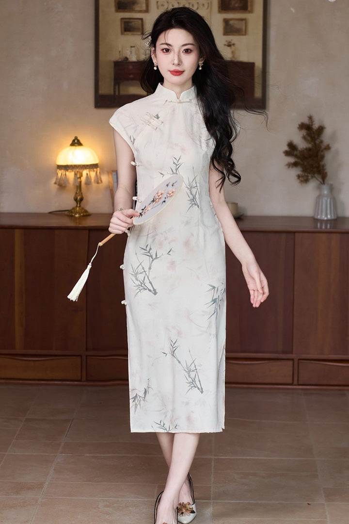 Summer New Chinese Style Slim Fit Qipao | Fresh Bamboo Print Long Dress
