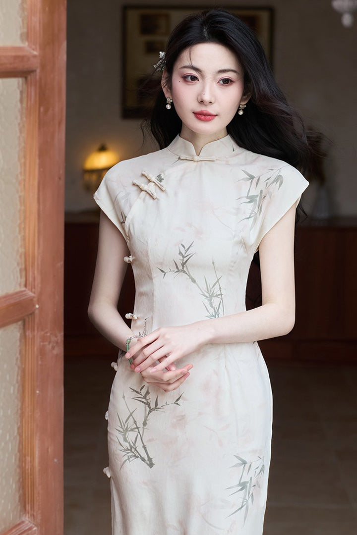 Summer New Chinese Style Slim Fit Qipao | Fresh Bamboo Print Long Dress