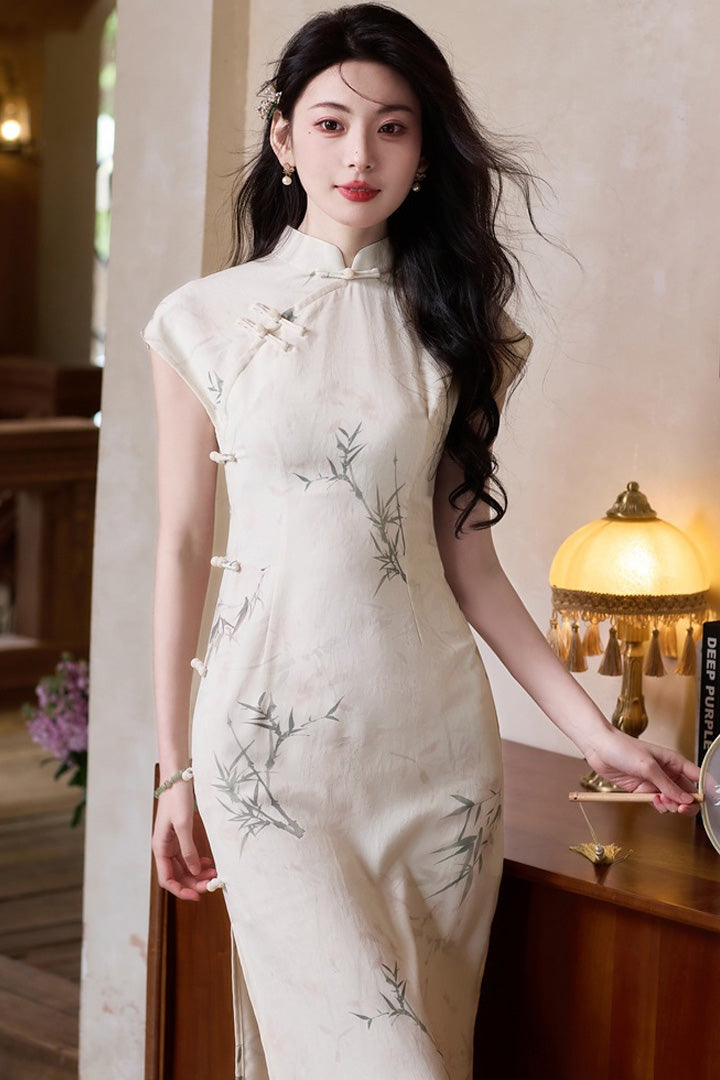 Summer New Chinese Style Slim Fit Qipao | Fresh Bamboo Print Long Dress